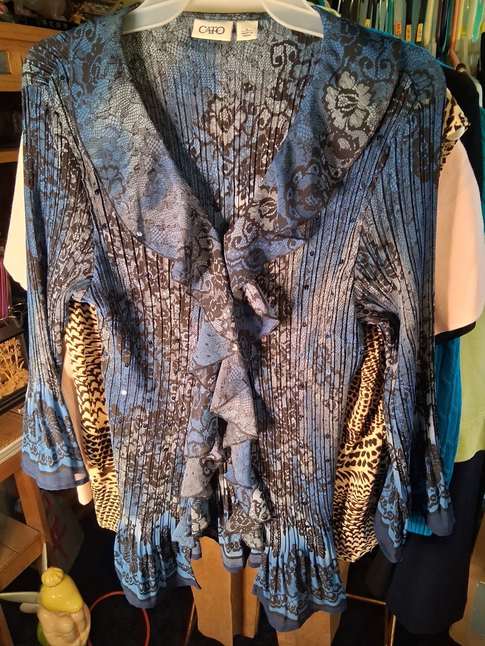 Cato Blue and Black Floral Ruffle Front Button-Down Top